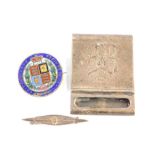 Three silver items, comprising a matchbox case bearing the initials FB, January 12.09, stamped Sterl