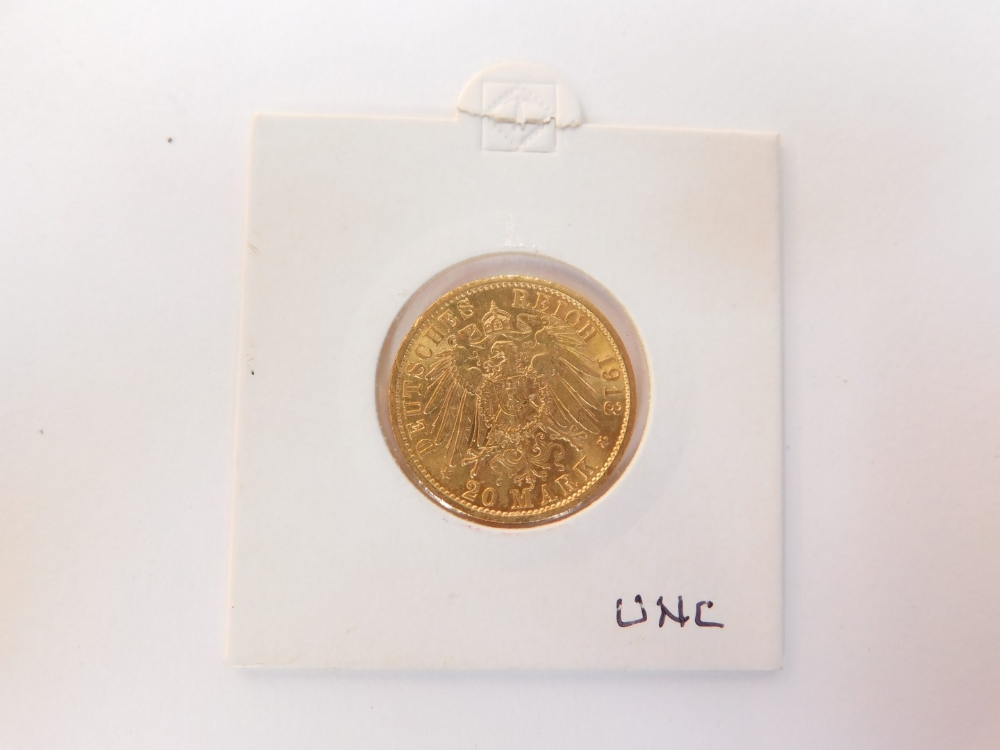 A Prussian 20 Mark gold coin, dated 1913. - Image 2 of 2