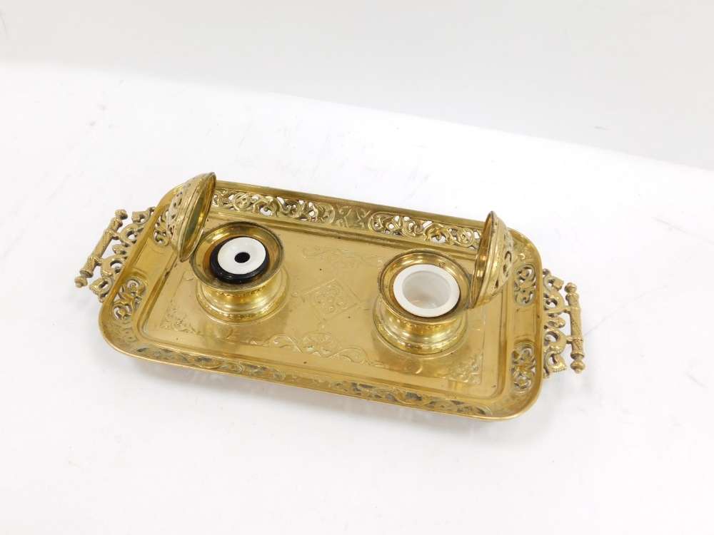 A late 19thC French brass inkwell, the rectangular tray with scroll leaf design, with two hinged bra - Image 2 of 4