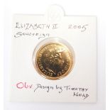An Elizabeth II full gold sovereign, dated 2005, with design by Timothy Hoad.