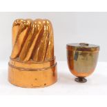 Two Temple & Crook copper jelly moulds, comprising a jelly mould with serrated top, No 1, 21cm high,