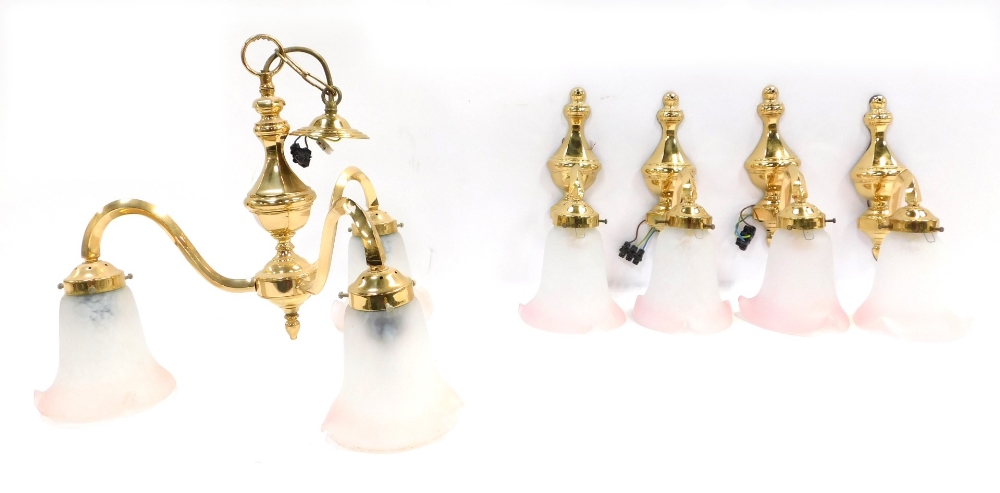 A 1989 lighting set, comprising a three branch chandelier with pink glass shades, and four