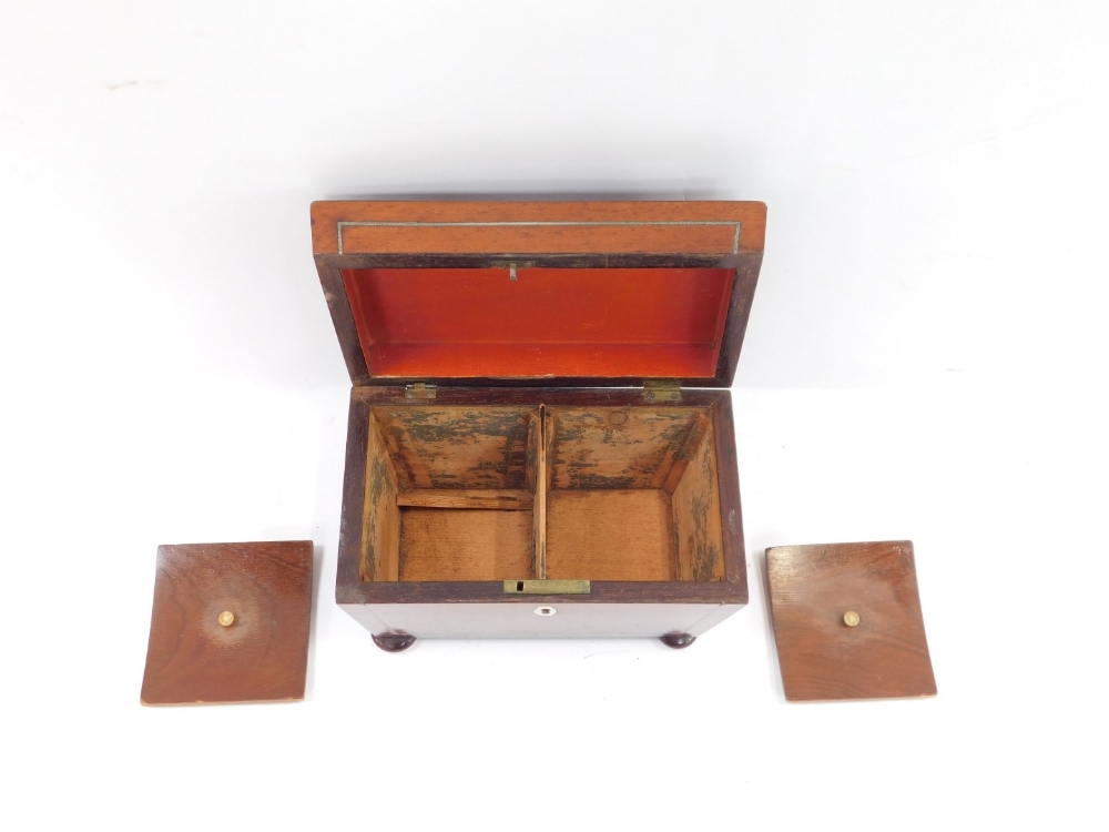 A 19thC rosewood tea caddy, the canted top with silvered line detailing and bone escutcheon, with a - Image 2 of 4