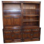 Two oak Old Charm cabinets, each with bookcase top, with two single drawers and two cupboard door ba