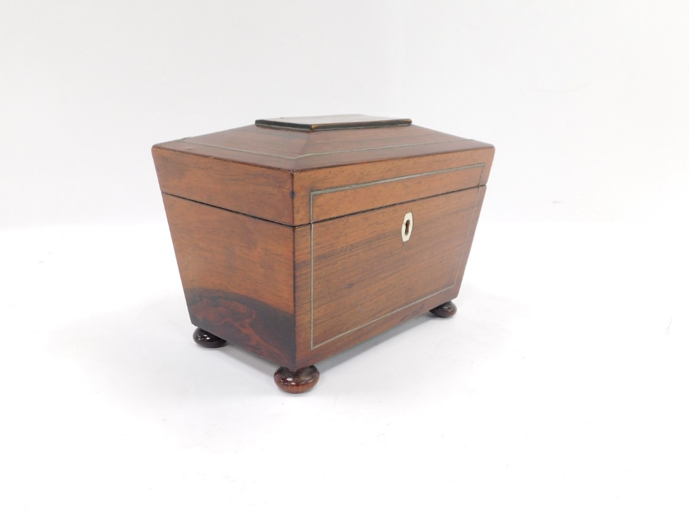 A 19thC rosewood tea caddy, the canted top with silvered line detailing and bone escutcheon, with a - Image 3 of 4