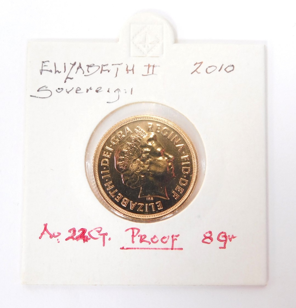 An Elizabeth II full gold sovereign, dated 2010.