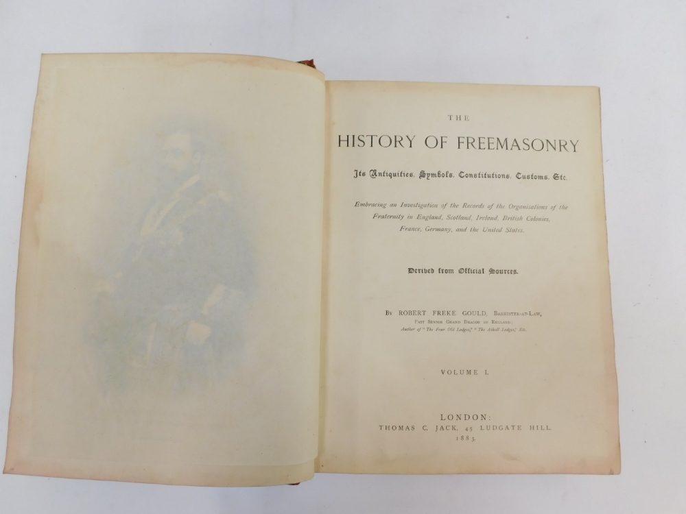 Gould. History of Freemasonry, volumes 1, 2 & 3, leather bound and gilt tooled casing, dated 1883. - Image 3 of 4