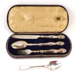 A Victorian silver three piece cutlery set, with foliate engraving, comprising knife, fork and spoon