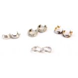 Four pairs of 9ct white gold hoop earrings, comprising a pair of hatch design, hammered design, wove