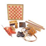 Treen and trinkets, comprising an Albert Memorial Hastings treen sewing box and cover, a silk flag,