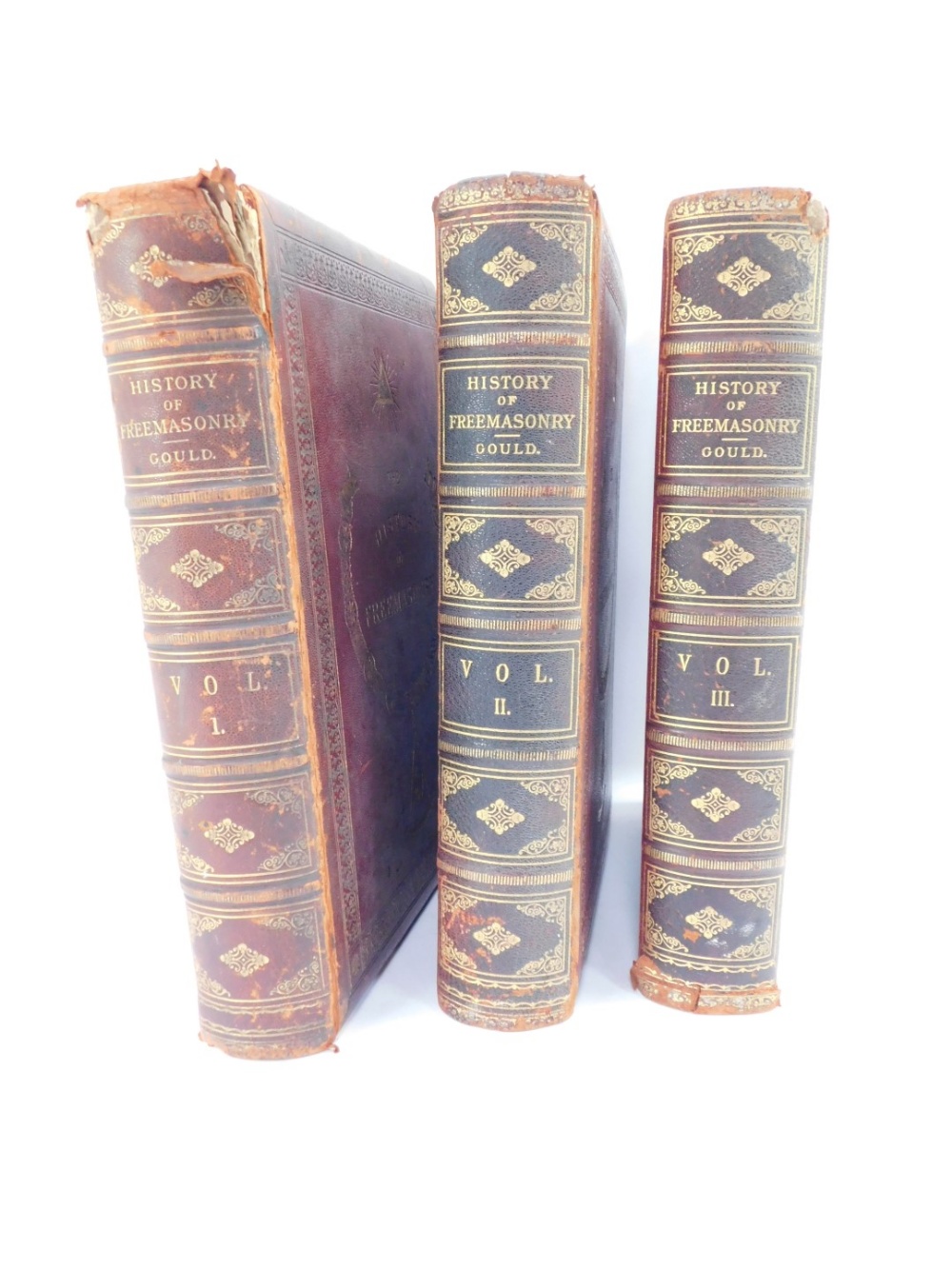 Gould. History of Freemasonry, volumes 1, 2 & 3, leather bound and gilt tooled casing, dated 1883. - Image 2 of 4