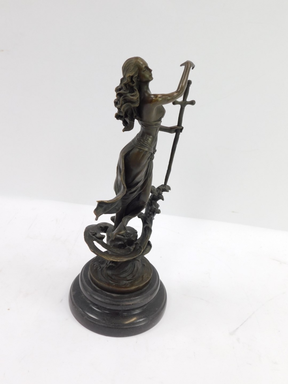 After Milo. A cast bronze female figure, with sword, on plinth in water, on a stepped black marble b - Image 2 of 3