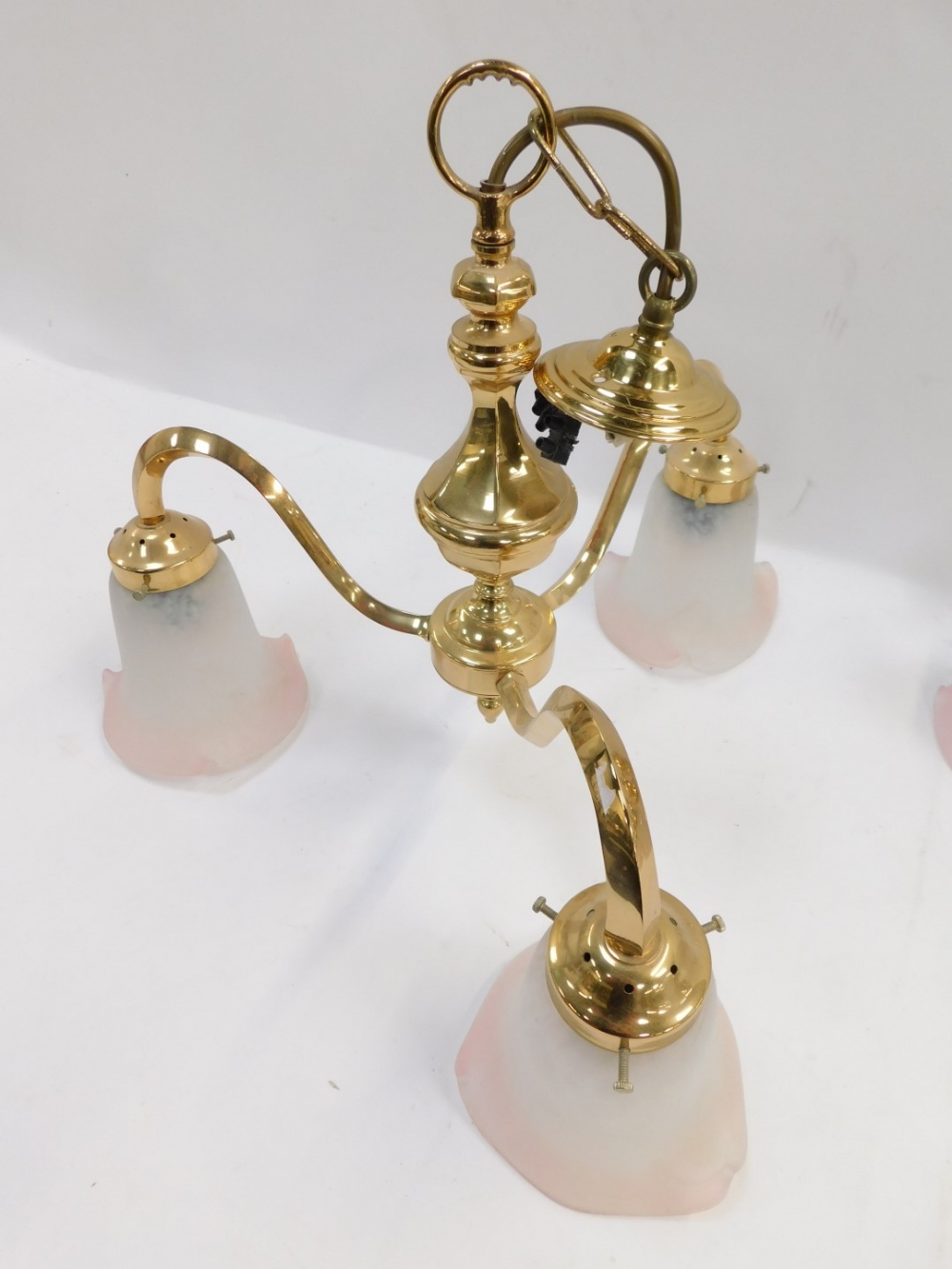 A 1989 lighting set, comprising a three branch chandelier with pink glass shades, and four - Image 3 of 6