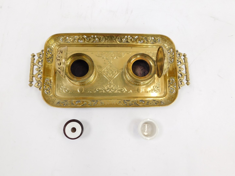 A late 19thC French brass inkwell, the rectangular tray with scroll leaf design, with two hinged bra - Image 3 of 4