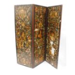 A Victorian mahogany three fold scrap screen, with papier mache and leather detailed panels, decorat