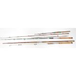 Fishing rods, single, two and three piece, including a J Clayton of Boston Fenland two piece fishing