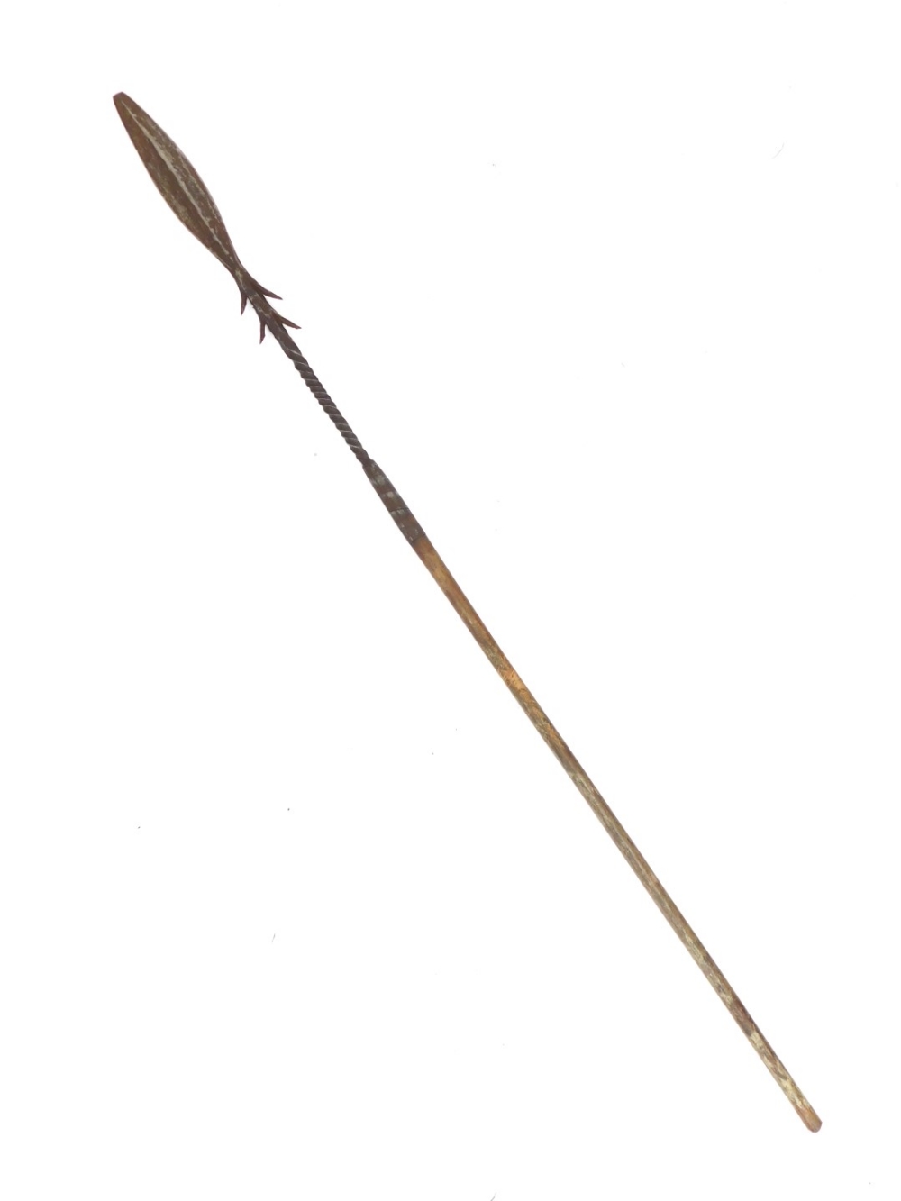 Tribal Art. An African spear, with twisted metal spearhead, 95cm long.