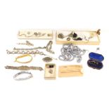 A group of Victorian and later jewellery, comprising two silver bracelets, filigree bracelet, faux p