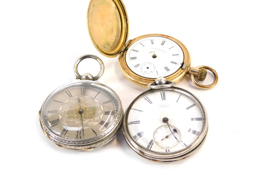 Three pocket watches, comprising an AWW & Co Waltham Mass gold plated lady's hunting cased pocket wa