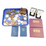 A group of coinage, comprising two 90th Birthday silver proof coins, cased, commemorative coins, pen