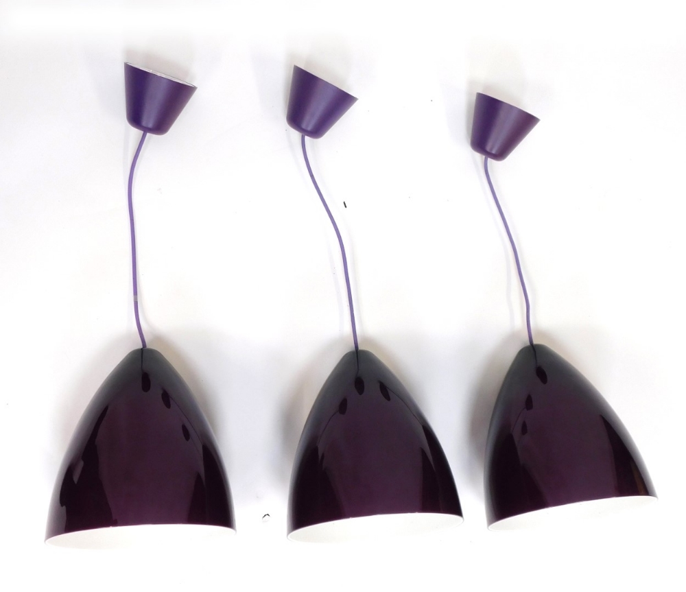 Three modern purple plastic domed light fittings, each light fitting 44cm high with additional 40cm