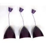 Three modern purple plastic domed light fittings, each light fitting 44cm high with additional 40cm