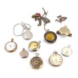A group of pocket watches, comprising a late 19thC small silver fob watch, with white enamel dial, (