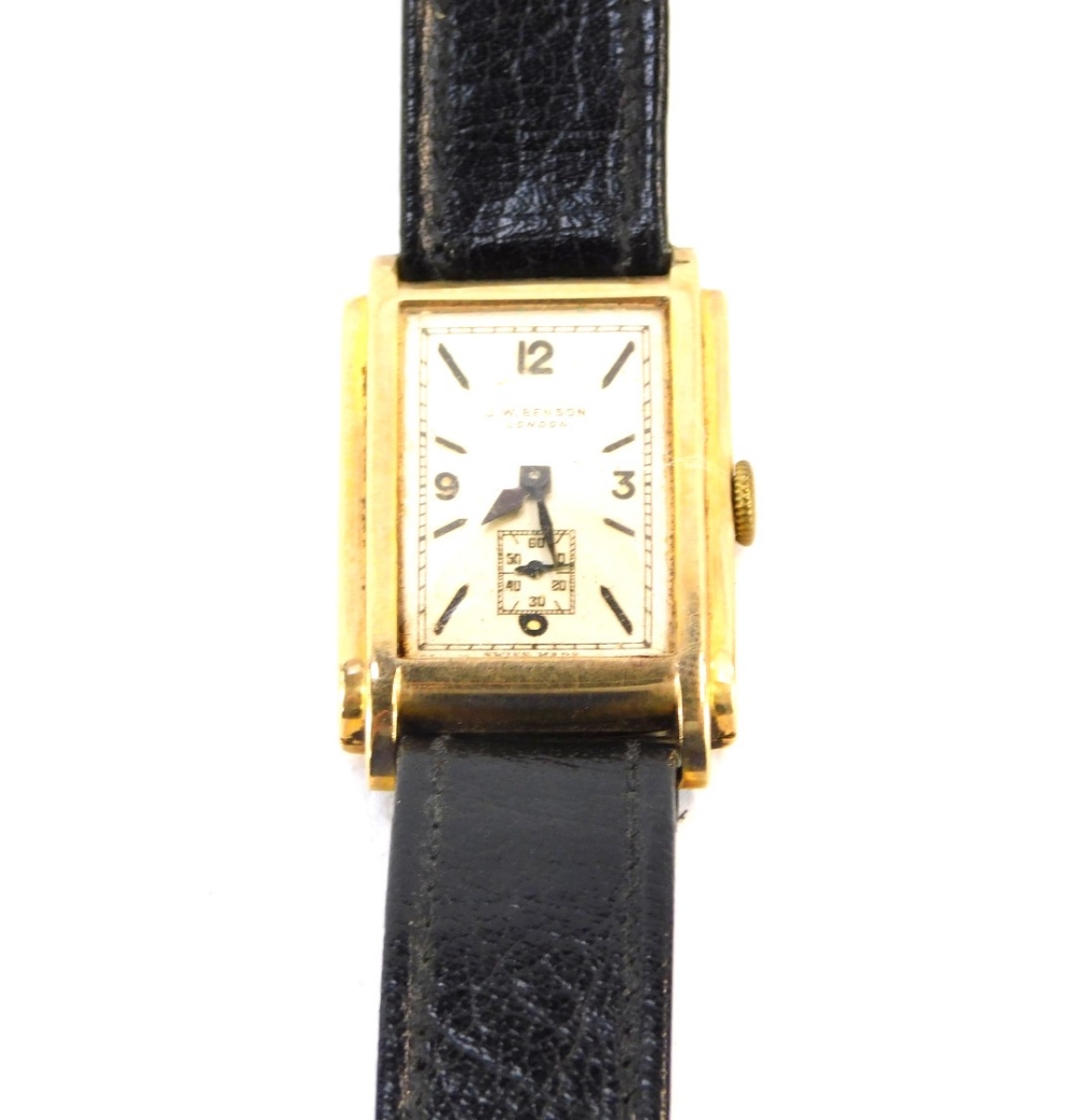 A J.W. Benson of London gent's 9ct gold cased wristwatch, with a rectangular watch head and with sil