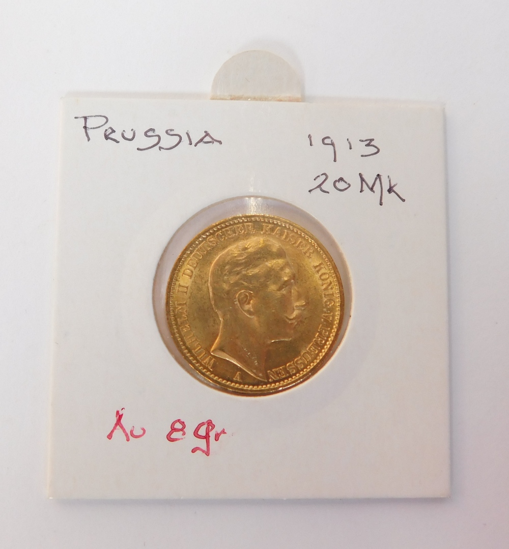 A Prussian 20 Mark gold coin, dated 1913.