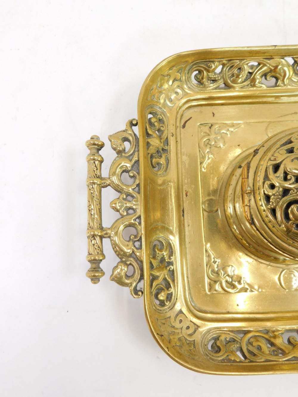 A late 19thC French brass inkwell, the rectangular tray with scroll leaf design, with two hinged bra - Image 4 of 4