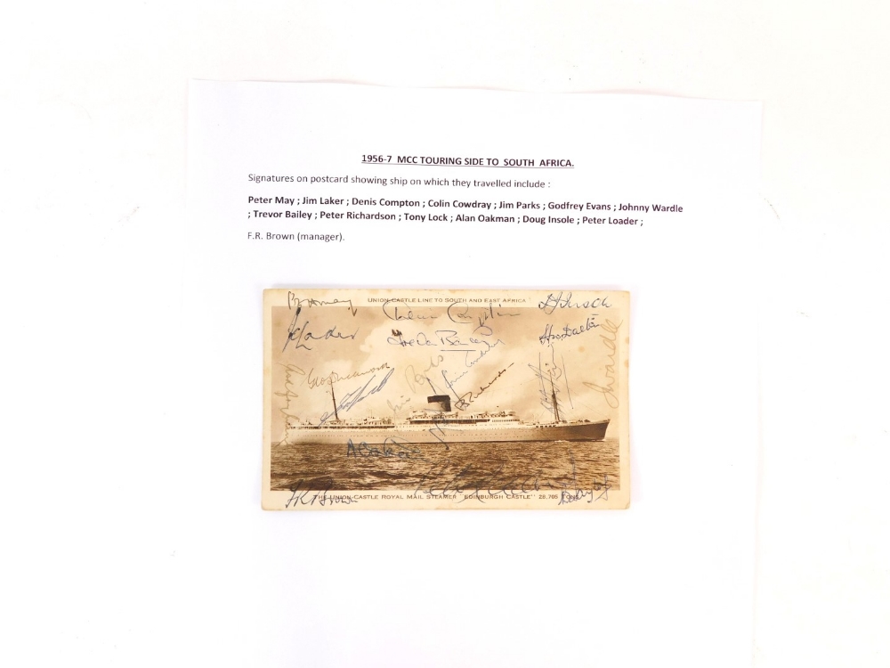 A Union Castle steamer card, signed by the MCC Cricket touring side to Africa, bearing signatures Pe