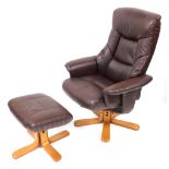 A Julian Bowen light brown leatherette armchair and matching footstool. (2)