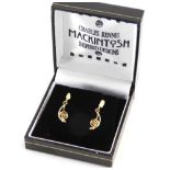 A pair of 9ct gold Charles Rennie Mackintosh inspired design drop earrings, each with a 2cm drop, wi