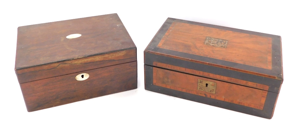 Two 19thC and later workboxes, comprising a rosewood and mother of pearl inlaid sewing box, 15cm hig