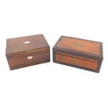 Two 19thC and later workboxes, comprising a rosewood and mother of pearl inlaid sewing box, 15cm hig