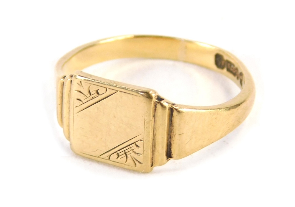 A 9ct gold signet ring, with rectangular panel, with floral inset and stepped design shoulders, 2.8g