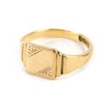 A 9ct gold signet ring, with rectangular panel, with floral inset and stepped design shoulders, 2.8g