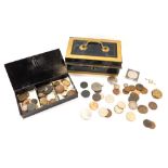 A tin deeds box and a quantity of coinage, comprising commemorative crowns, half pennies, silver cro