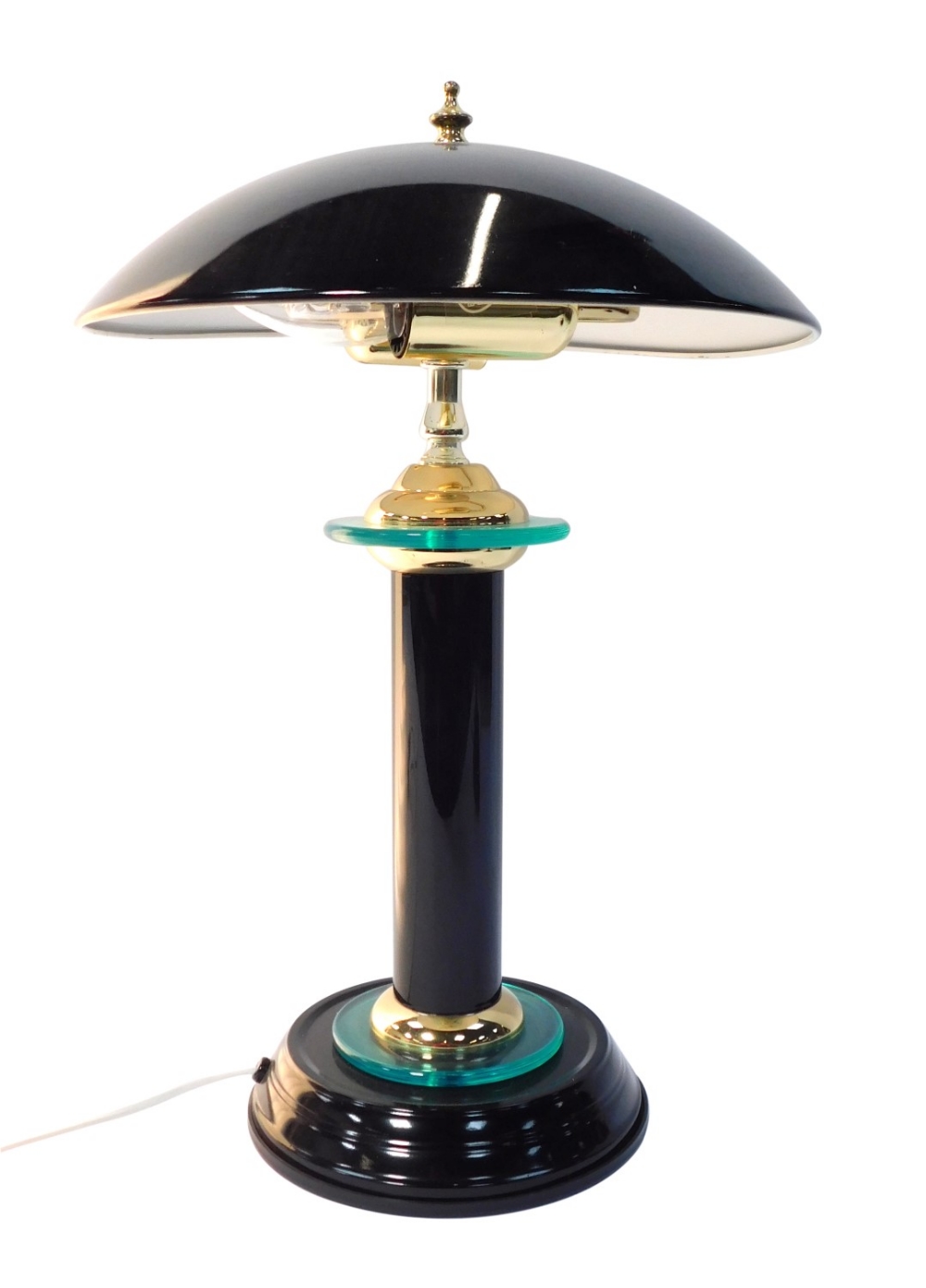 A 1960s/70s style desk lamp, in a black outer casing, with brass and green glass detail, 40cm high.