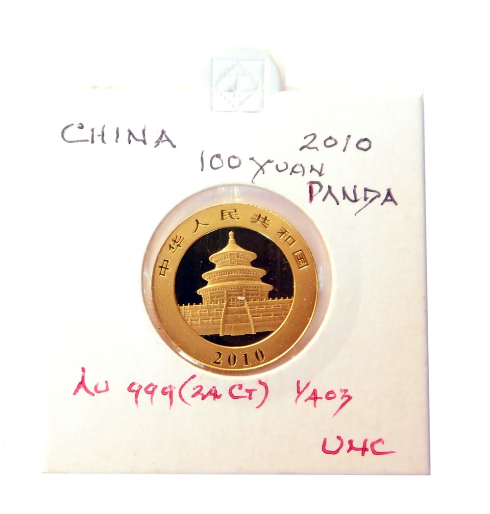A Chinese 100 Yuan Panda coin, 24ct gold, dated 2010.
