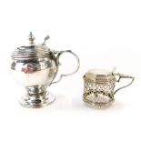 A Victorian silver mustard pot, of footed globular form, with a hinged lid and scroll handle, froste