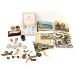 Trinkets and effects, brass ink well, coloured postcards, AA key, plated bar brooches, thimbles, sma