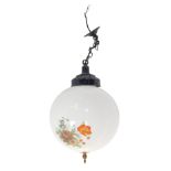 A 1960s/70s glass hanging lantern, the opaque glass shade painted with flowers, on a black metal sup