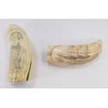 Two reproduction whale's tooth scrimshaw, depicting Napoleon and The Cultivator, each 15cm.