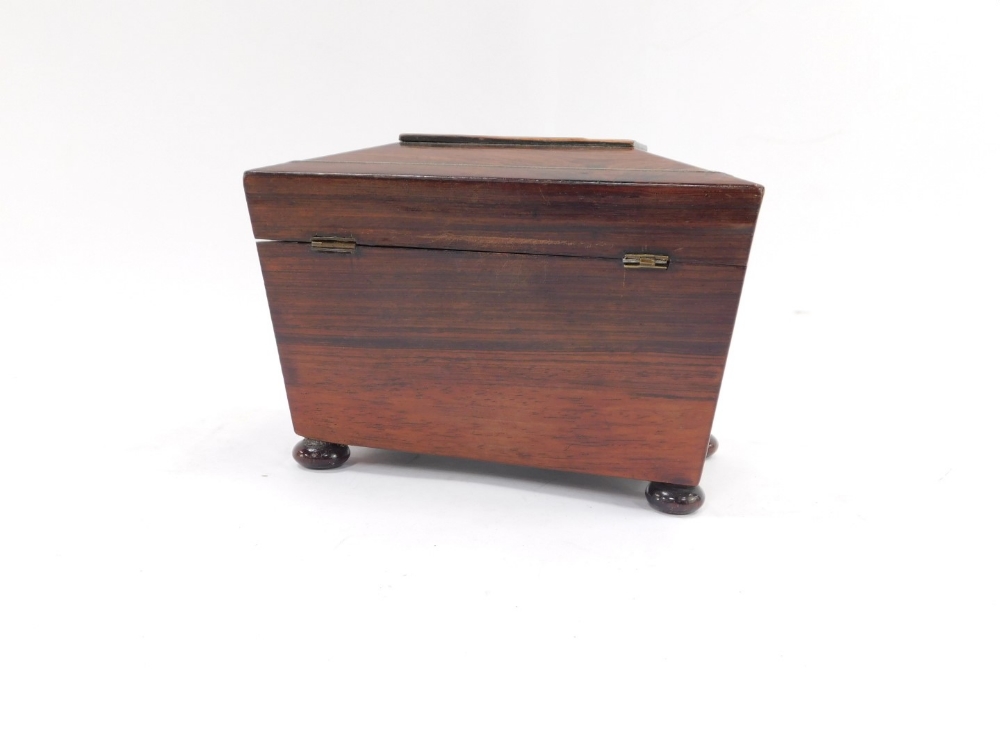 A 19thC rosewood tea caddy, the canted top with silvered line detailing and bone escutcheon, with a - Image 4 of 4