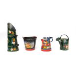 Four items of bargeware, comprising a watering can, coal bucket, milk jug and a water jug, the large