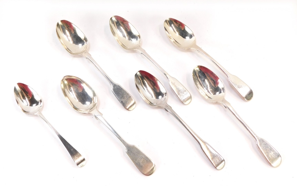 Seven Georgian and later silver Old English pattern teaspoons, initial or monogram engraved, 4oz.