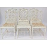 A set of six distressed cream painted dining chairs, each with simulated bamboo supports, white pain