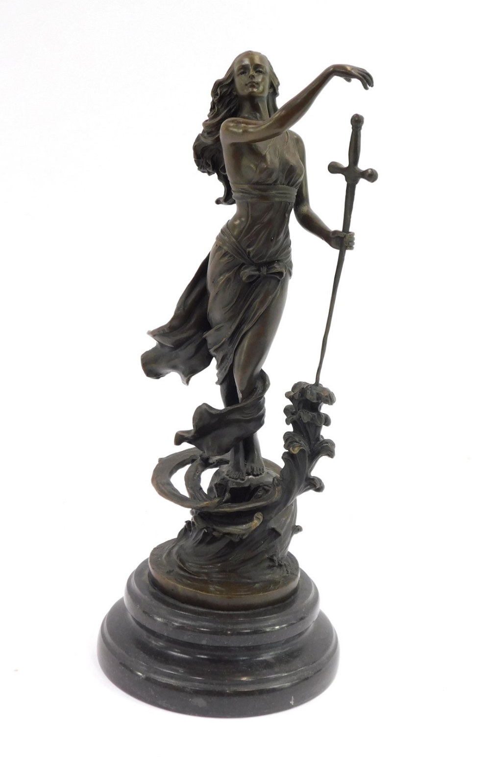 After Milo. A cast bronze female figure, with sword, on plinth in water, on a stepped black marble b