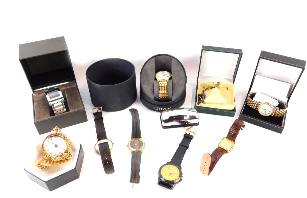 Various jewellery and effects, a Zeppelin Hall pocket watch, a Cat gents wristwatch, a Gucci ladies